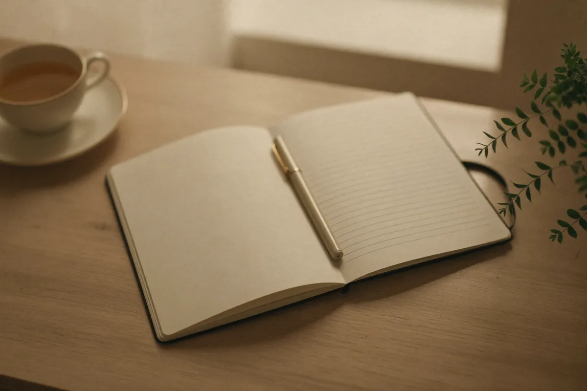Caderno aberto com caneta sobre uma mesa de madeira clara, ambiente calmo e acolhedor