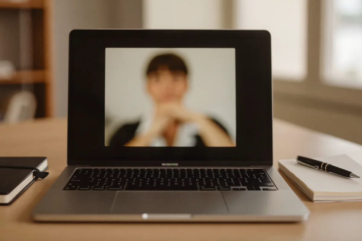 Portátil com sessão de psicologia online por videochamada e um caderno ao lado, num ambiente calmo em casa